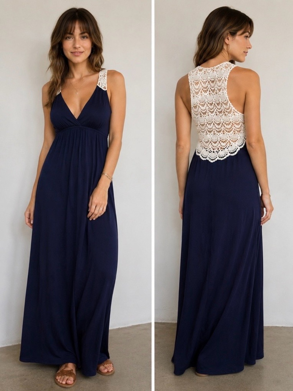 Felicity & Coco Navy Maxi Dress Crochet Lace Back Size S